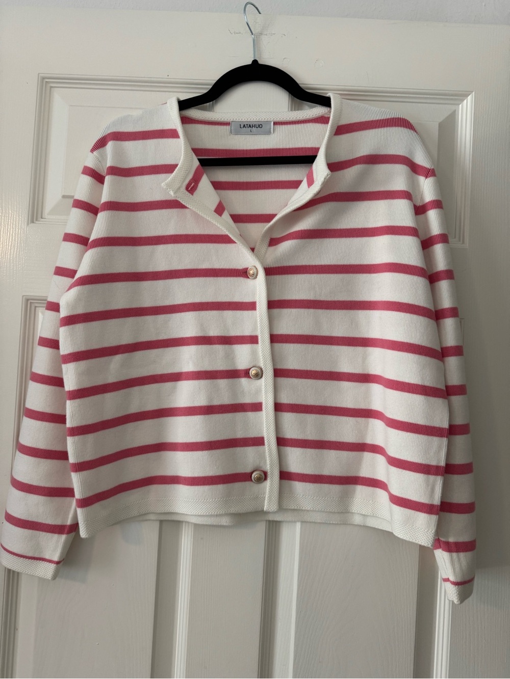 Latahuo Pink & White Striped Button Cardigan Sweater